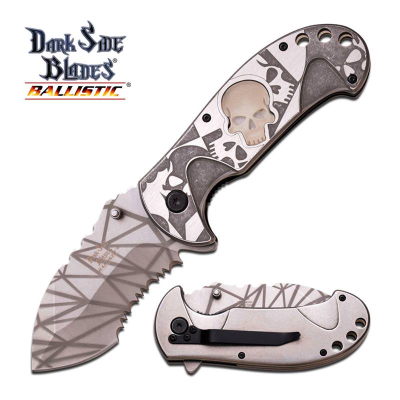 Spring Assisted Folding Knife Gray White Glow-in-Dark Skull Serrated Blade - Tophatter's Army Products & Self Defense Collectible Weapons - Tophatter Daily Deals